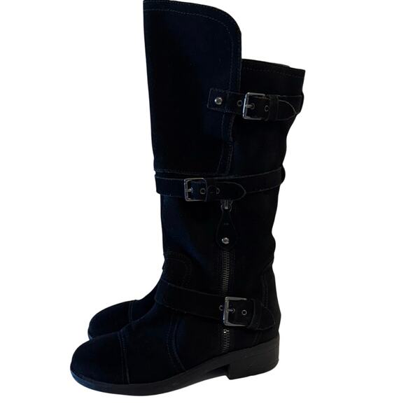 MOJO MOXY black suede buckle zip moto boots Y2K high low knee stud women's 9 - Picture 5 of 13